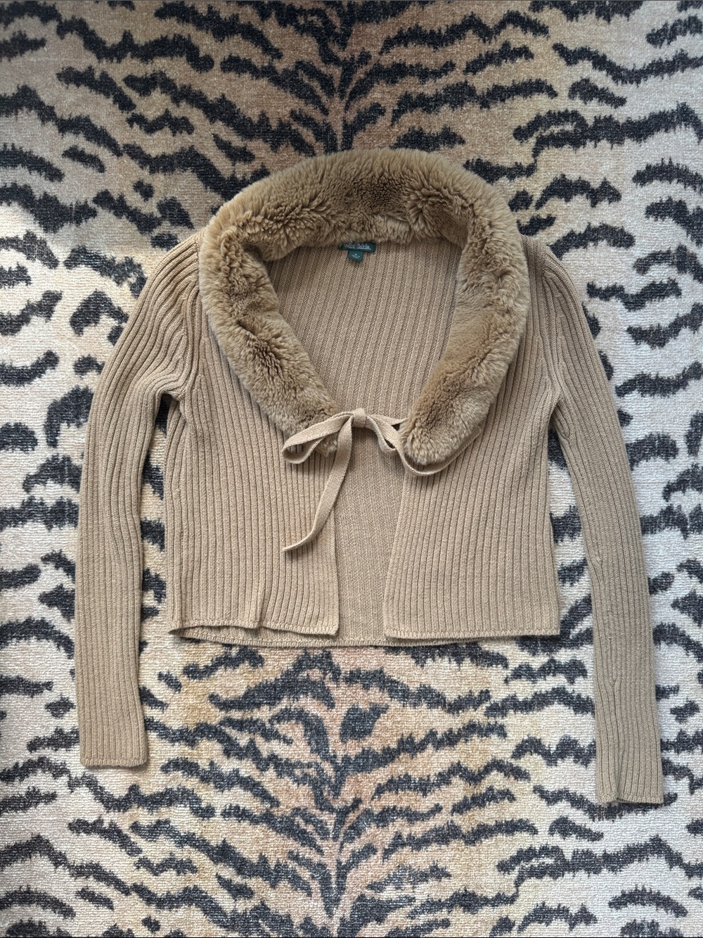 Faux-Fur Collar Ribbed Knit Cardigan - Taupe